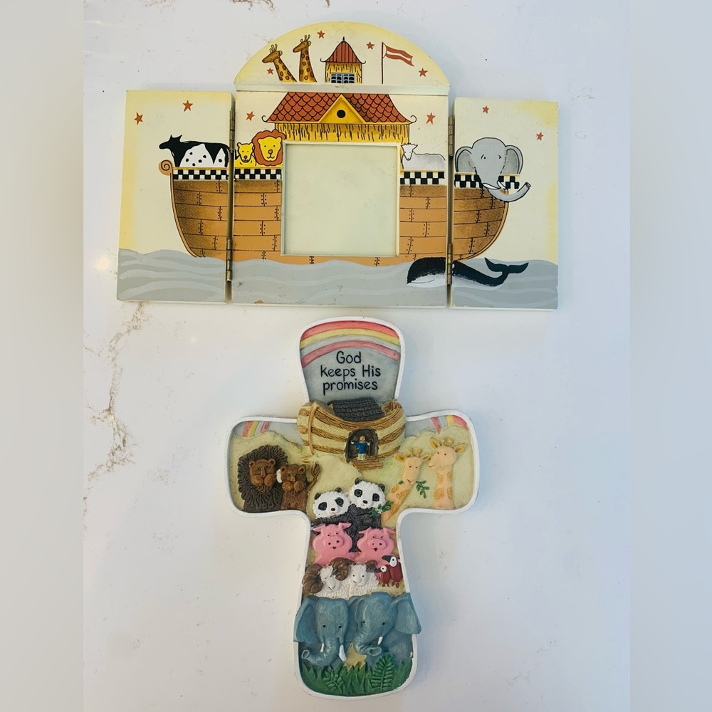 Vintage 90s Ceramic GOD KEEPS HIS PROMISES Noah's Ark Cross w/ Matching Frame